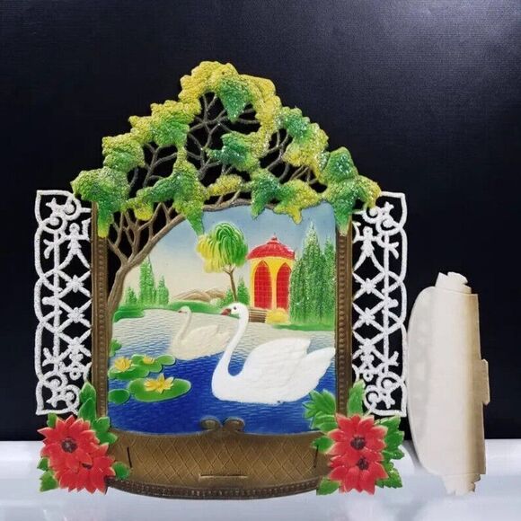 Swan Pond Vintage Wall Art Western Germany Die Cut 1950s Gift Calendar Topper - Picture 9 of 9